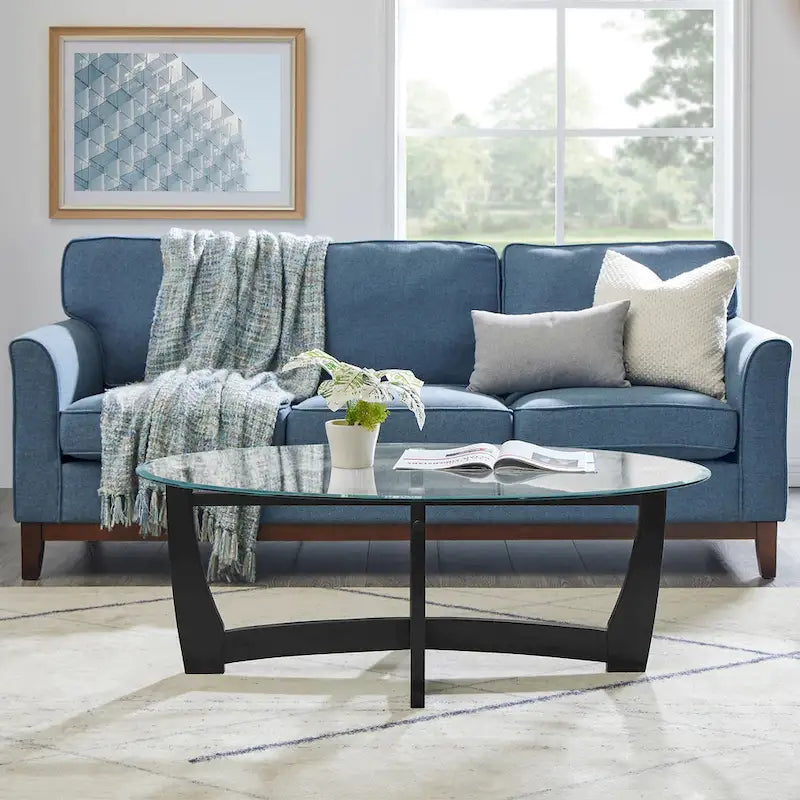48 Inch Oval Glass Coffee Table, Black Round Coffee Table Center Table with Glass Top