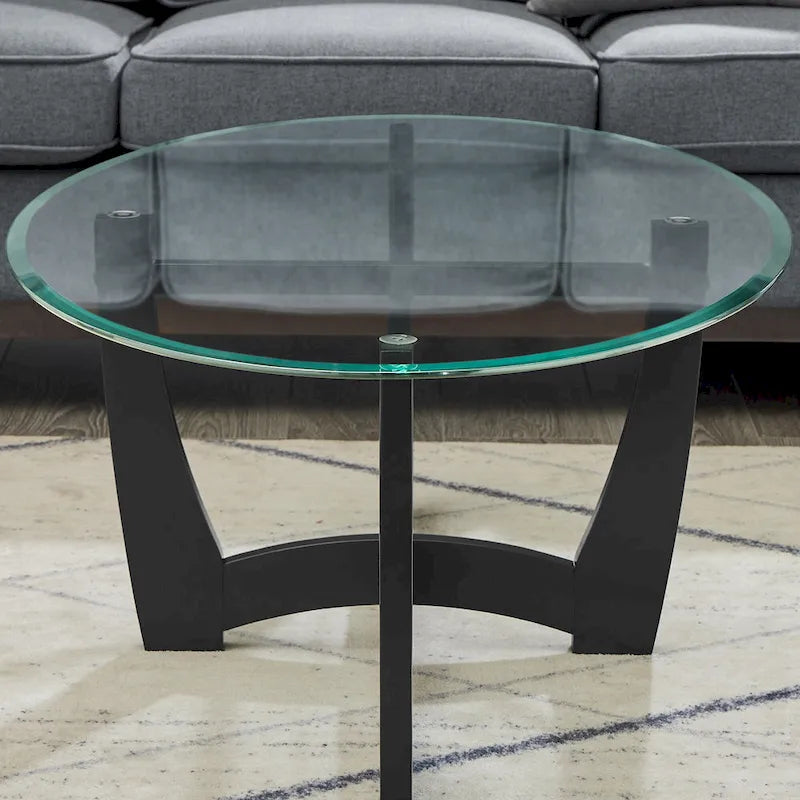 48 Inch Oval Glass Coffee Table, Black Round Coffee Table Center Table with Glass Top