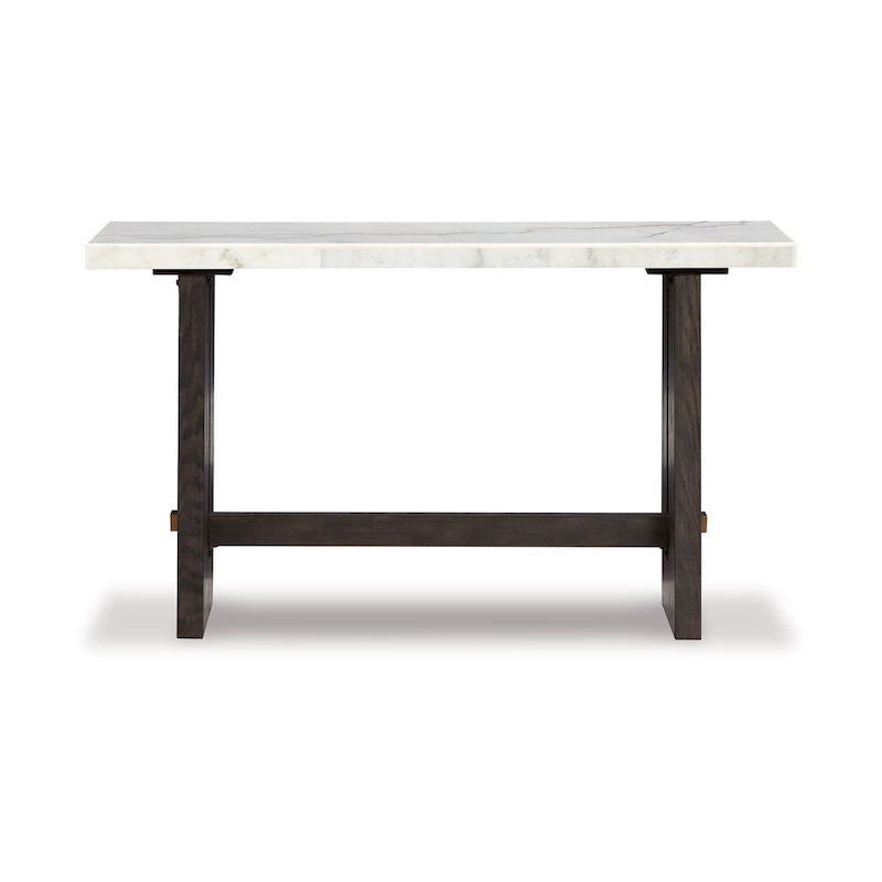 Sofa Console Table, Marble Top, Panel legs, 52 Inch Brown Wood