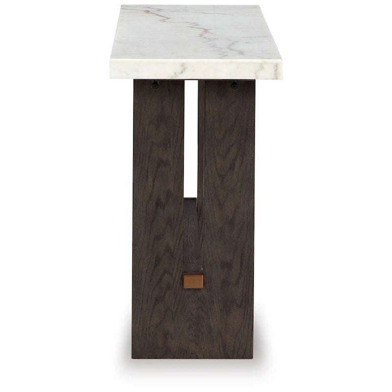 Sofa Console Table, Marble Top, Panel legs, 52 Inch Brown Wood