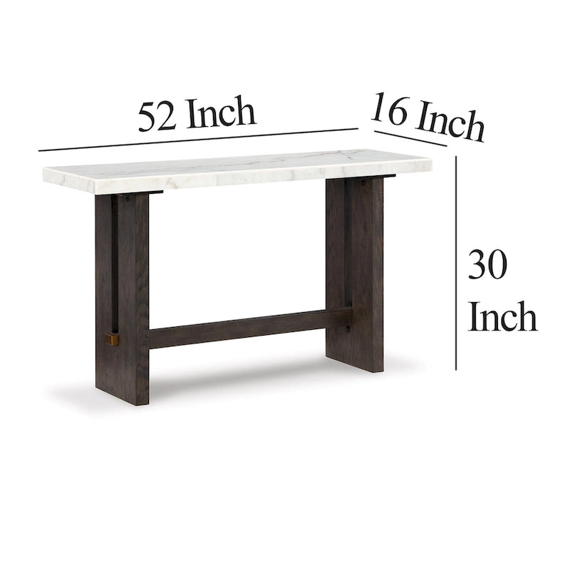 Sofa Console Table, Marble Top, Panel legs, 52 Inch Brown Wood