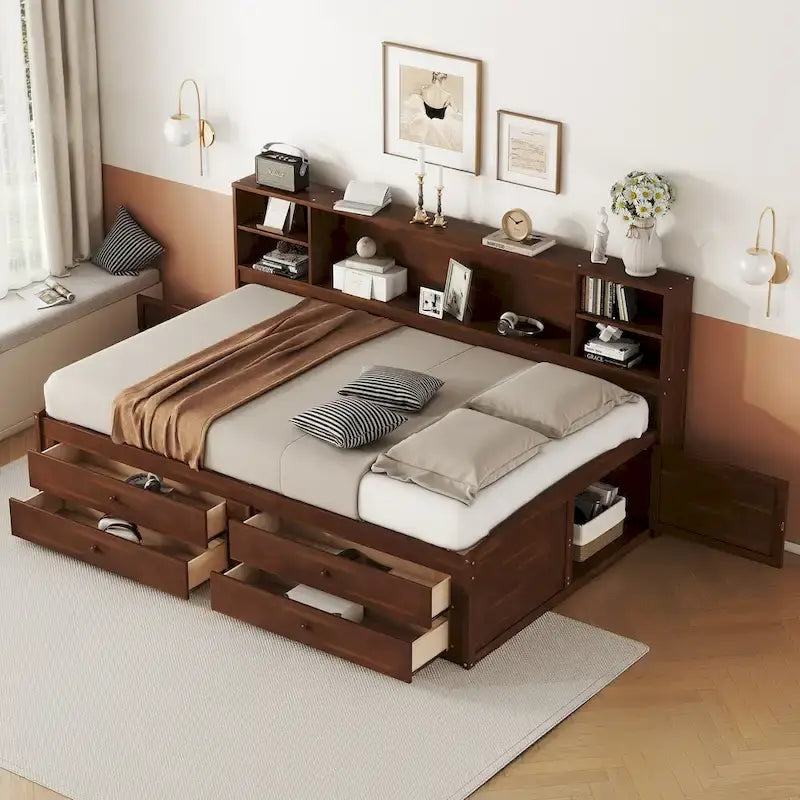 Full Size Wooden Captain Bed with Built-in Storage Shelves, 4 Drawers and 2 Cabinets
