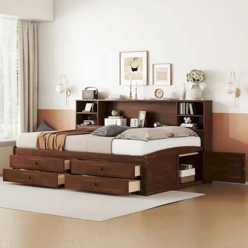 Full Size Wooden Captain Bed with Built-in Storage Shelves, 4 Drawers and 2 Cabinets