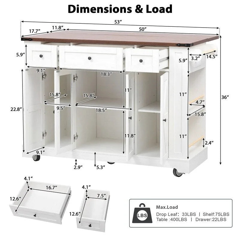 Kitchen Island w/Drop Leaf, 3 Drawers & 5 Open Side Racks, Rolling Kitchen Cart w/ 2 Tempered Glass Cabinet Doors & Power Outlet