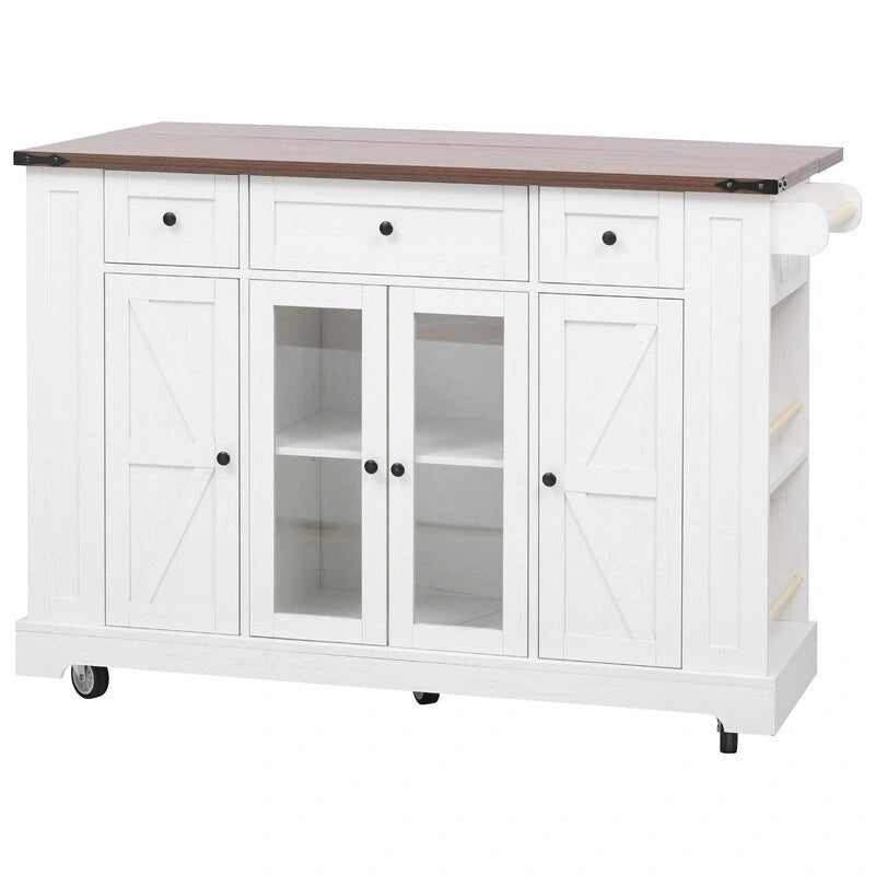 Kitchen Island w/Drop Leaf, 3 Drawers & 5 Open Side Racks, Rolling Kitchen Cart w/ 2 Tempered Glass Cabinet Doors & Power Outlet