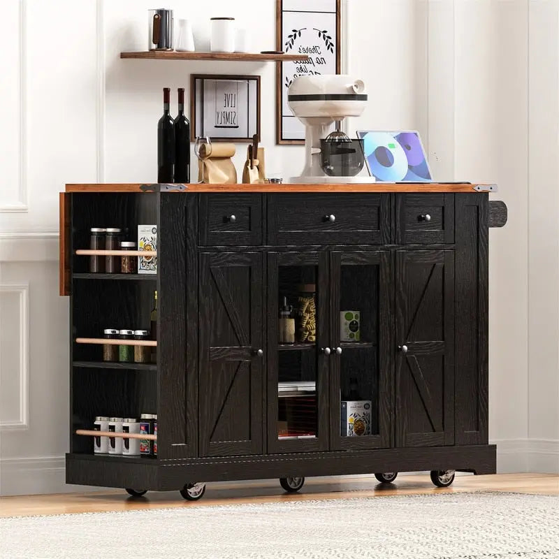 Kitchen Island w/Drop Leaf, 3 Drawers & 5 Open Side Racks, Rolling Kitchen Cart w/ 2 Tempered Glass Cabinet Doors & Power Outlet