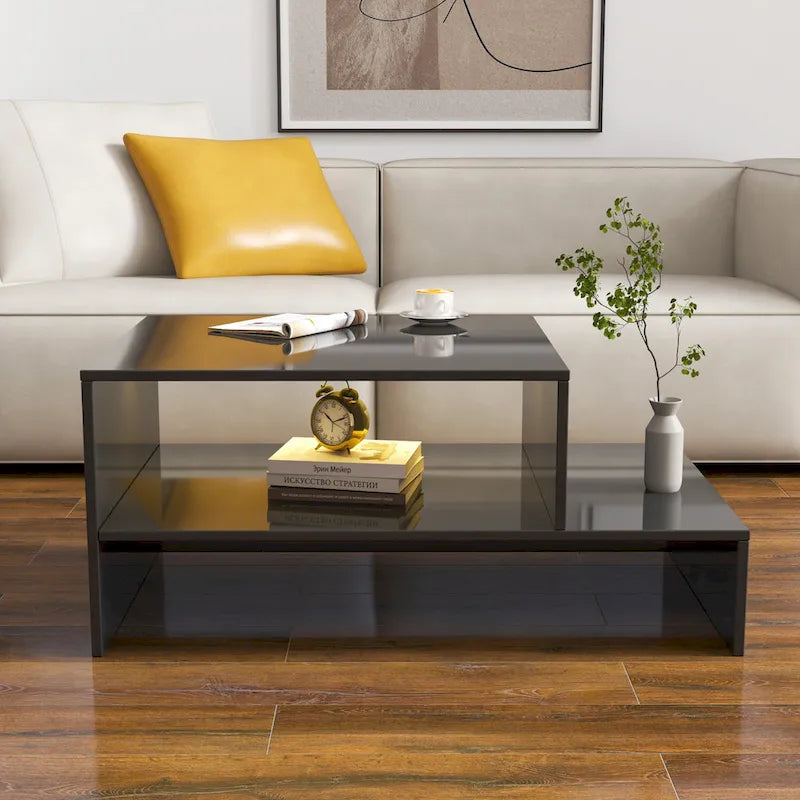 Modern Minimalist Stylish Coffee Table Double Layer Coffee Table with Open Storage, for Living Room, Black