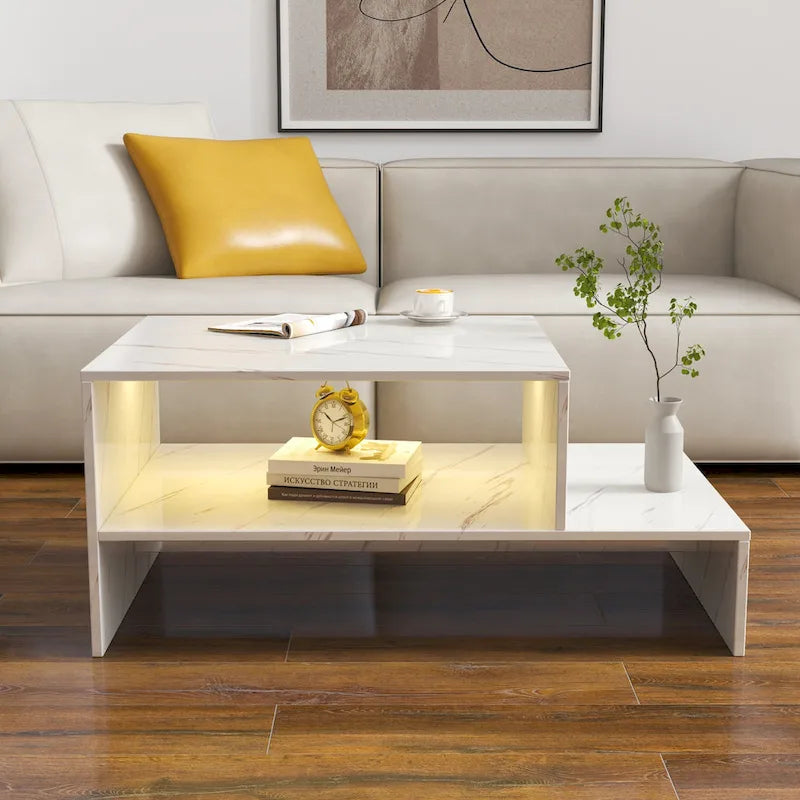 Modern Minimalist Stylish Coffee Table Double Layer Coffee Table with Open Storage, for Living Room, Black