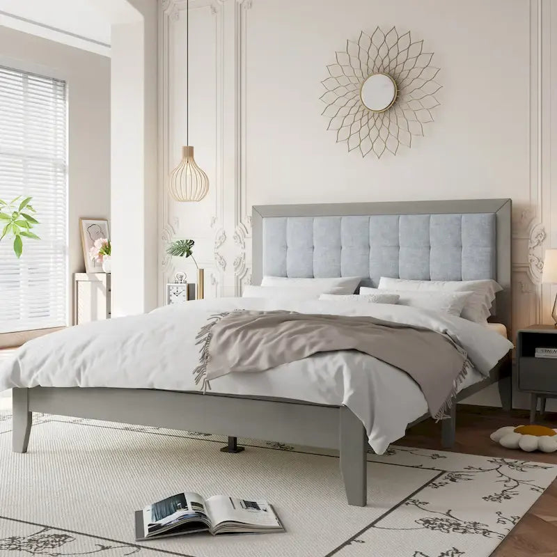 Solid Wood Platform Upholstered Headboard Queen Bed