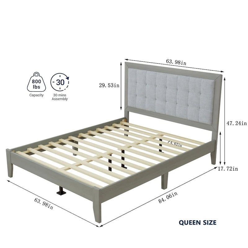 Solid Wood Platform Upholstered Headboard Queen Bed