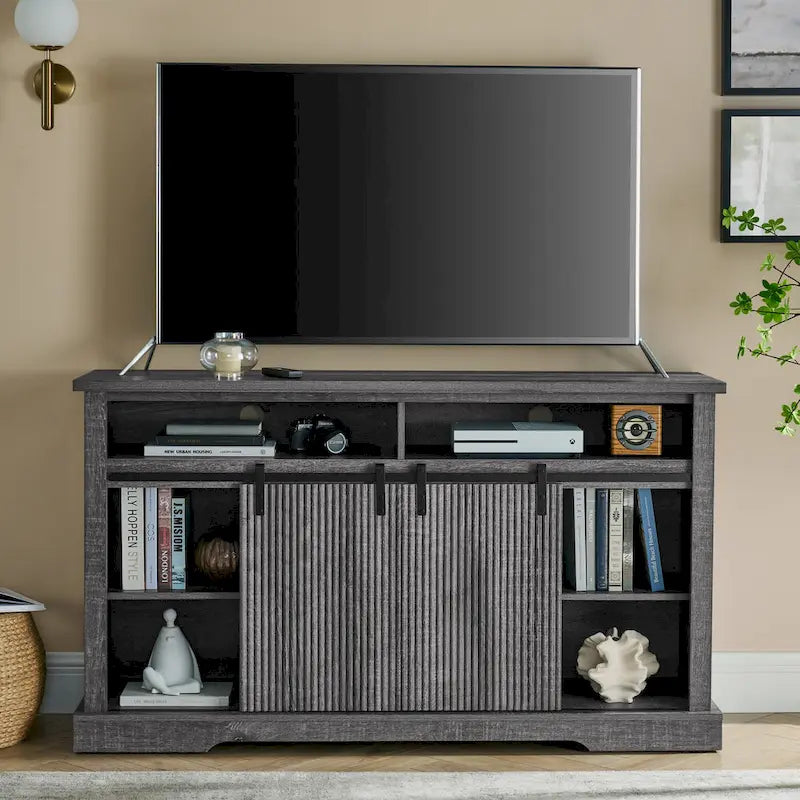 Rustic Sliding Barn Door TV Stand with Upper Lower Storage Shelf and Adjustable Shelves for Living Room