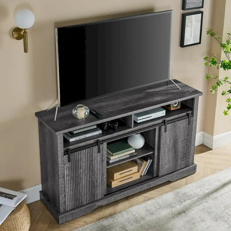 Rustic Sliding Barn Door TV Stand with Upper Lower Storage Shelf and Adjustable Shelves for Living Room