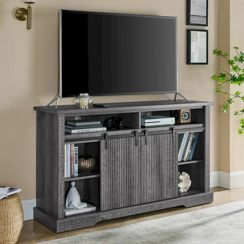 Rustic Sliding Barn Door TV Stand with Upper Lower Storage Shelf and Adjustable Shelves for Living Room