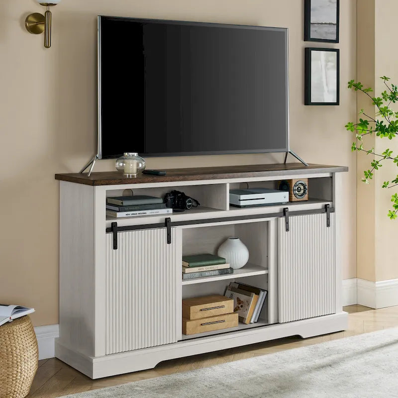 Rustic Sliding Barn Door TV Stand with Upper Lower Storage Shelf and Adjustable Shelves for Living Room