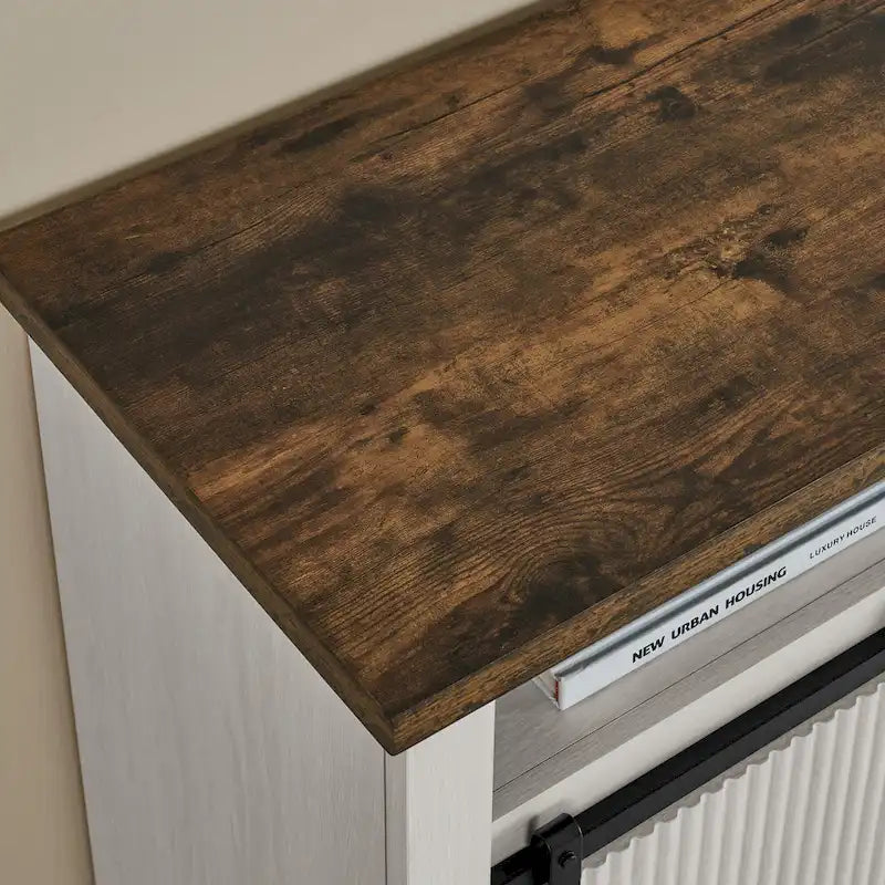 Rustic Sliding Barn Door TV Stand with Upper Lower Storage Shelf and Adjustable Shelves for Living Room