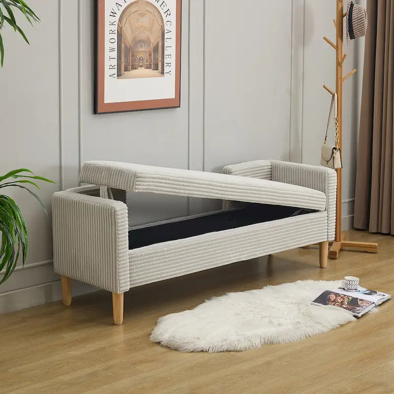 65.35 Corduroy Storage Bench with Armrests, Backrest and Two Pillows