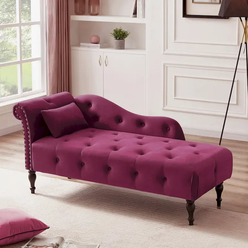 Modern 60.6 Velvet Upholstered Buttons Tufted Chaise Lounge Chair with Solid Wood Legs and Nailheads