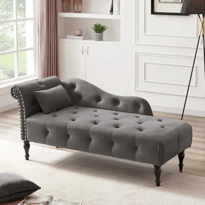 Modern 60.6 Velvet Upholstered Buttons Tufted Chaise Lounge Chair with Solid Wood Legs and Nailheads
