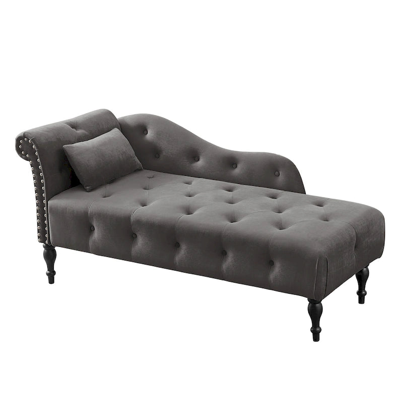 Modern 60.6 Velvet Upholstered Buttons Tufted Chaise Lounge Chair with Solid Wood Legs and Nailheads