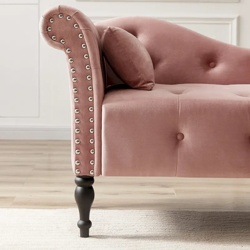 Modern 60.6 Velvet Upholstered Buttons Tufted Chaise Lounge Chair with Solid Wood Legs and Nailheads