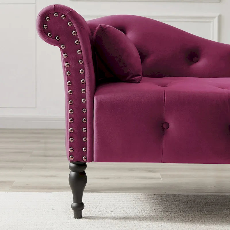 Modern 60.6 Velvet Upholstered Buttons Tufted Chaise Lounge Chair with Solid Wood Legs and Nailheads