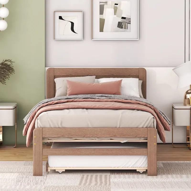 Twin Rubber Wood Platform Bed with Trundle