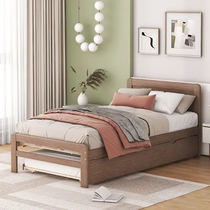 Twin Rubber Wood Platform Bed with Trundle
