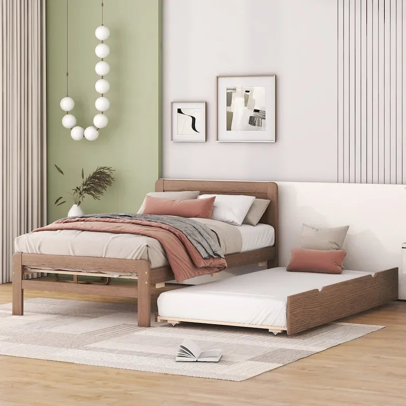 Twin Rubber Wood Platform Bed with Trundle