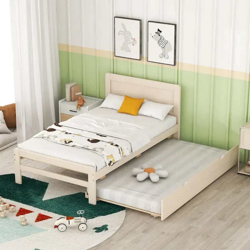 Twin Rubber Wood Platform Bed with Trundle