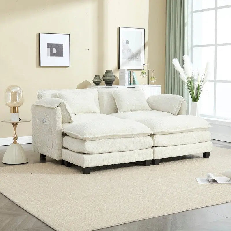 76.77 Chenille Upholstered Sofa with 2 Ottomans