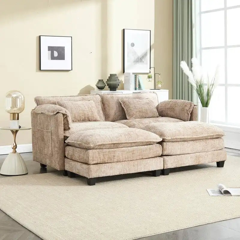 76.77 Chenille Upholstered Sofa with 2 Ottomans