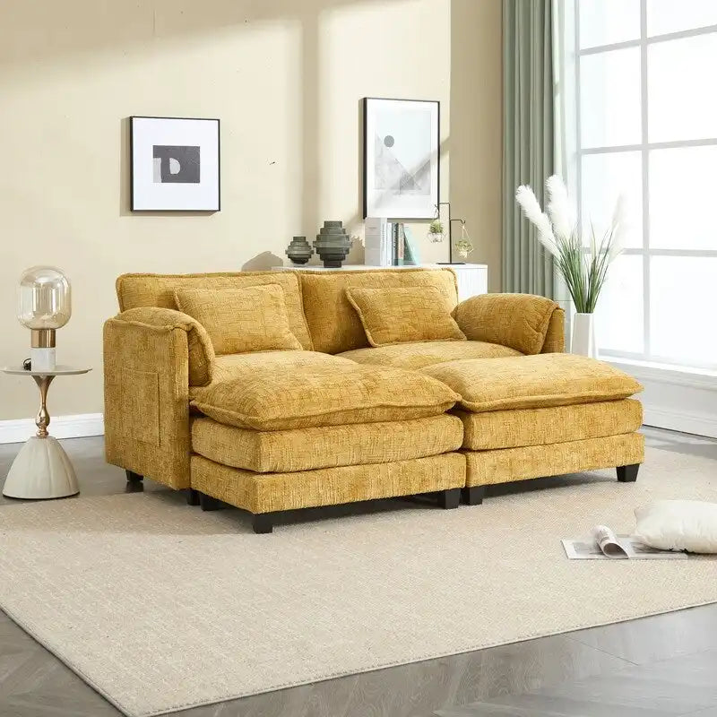 76.77 Chenille Upholstered Sofa with 2 Ottomans