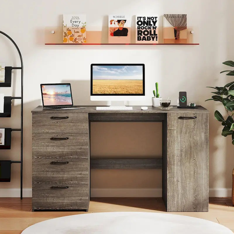 Home Office Desk 53 Inch with USB Ports Outlets and Storage Drawers