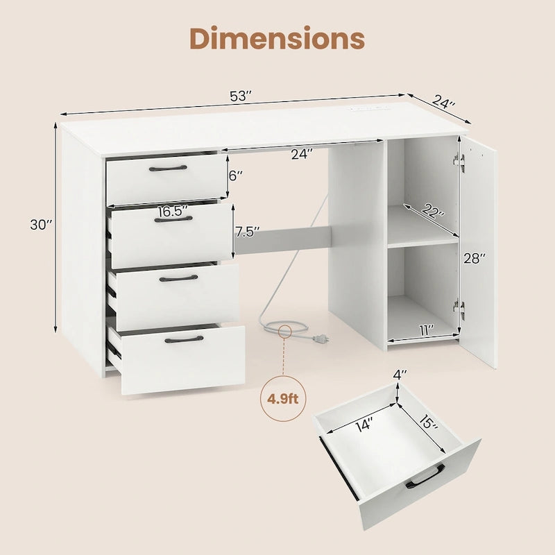 Home Office Desk 53 Inch with USB Ports Outlets and Storage Drawers