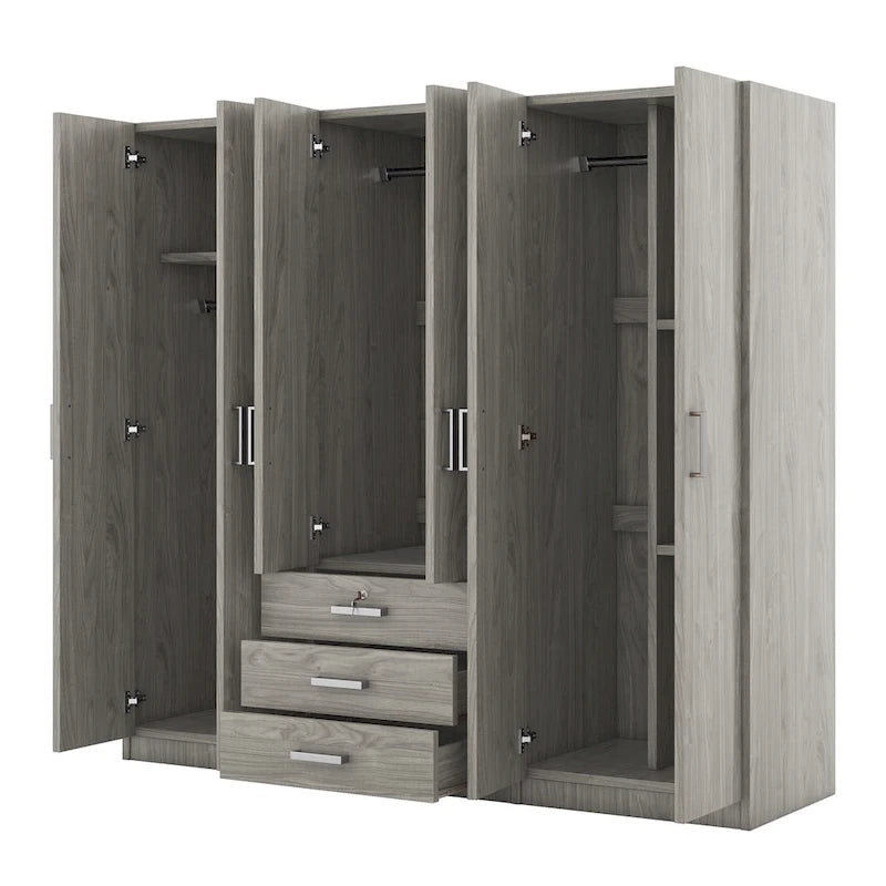 6-Doors Wooden Wardrobe Storage with 3 Big Drawers for Bedroom
