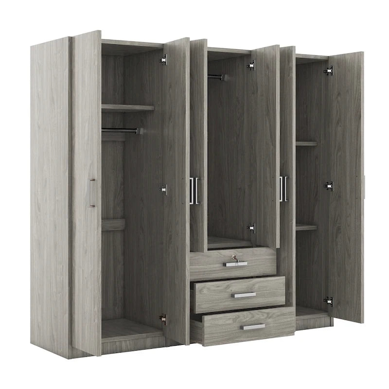 6-Doors Wooden Wardrobe Storage with 3 Big Drawers for Bedroom