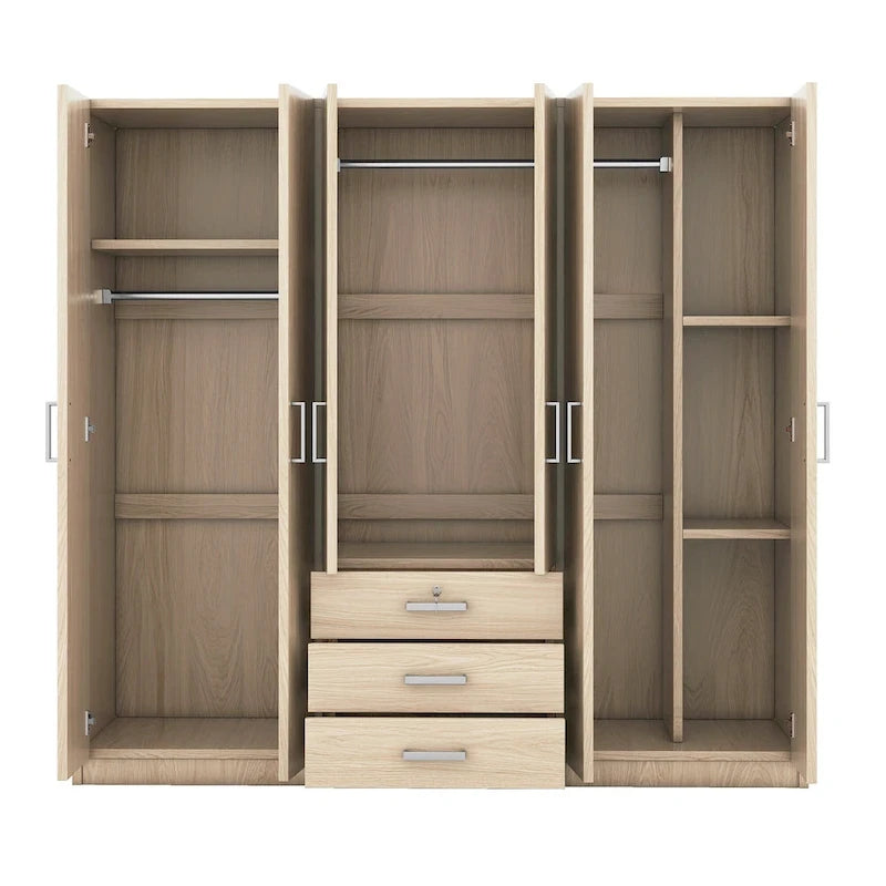 6-Doors Wooden Wardrobe Storage with 3 Big Drawers for Bedroom