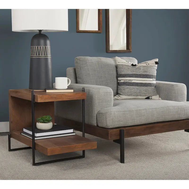 Maddox Medium Brown Solid Wood w/ Black Metal Frame C-Shaped End/Side Table