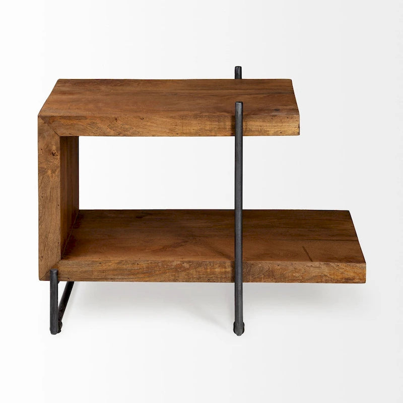 Medium Brown Solid Wood w/ Black Metal Frame C-Shaped End/Side Table