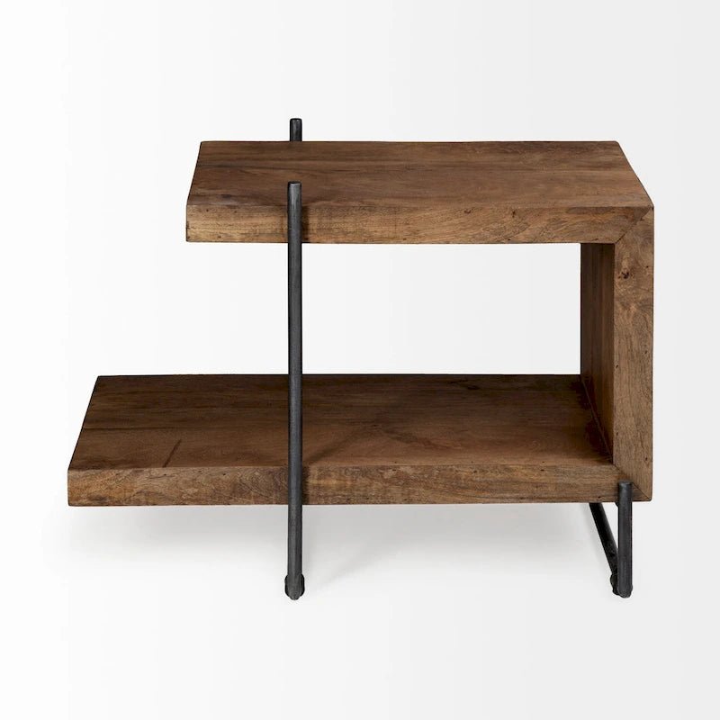 Medium Brown Solid Wood w/ Black Metal Frame C-Shaped End/Side Table