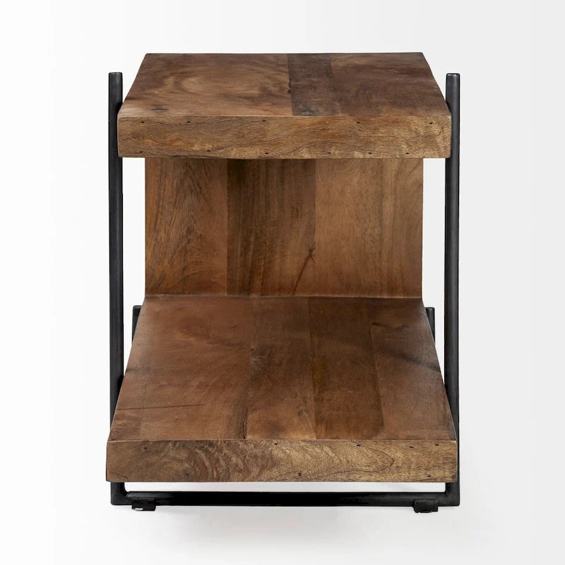 Medium Brown Solid Wood w/ Black Metal Frame C-Shaped End/Side Table
