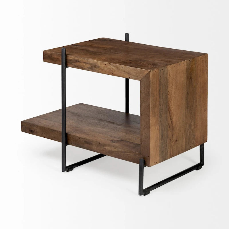 Medium Brown Solid Wood w/ Black Metal Frame C-Shaped End/Side Table