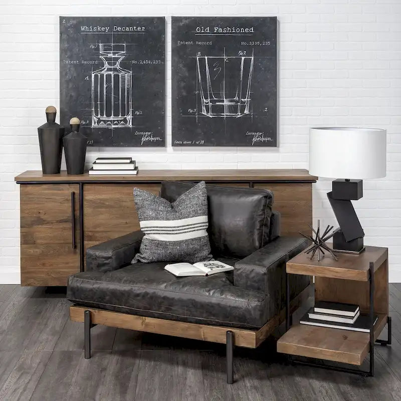 Medium Brown Solid Wood w/ Black Metal Frame C-Shaped End/Side Table