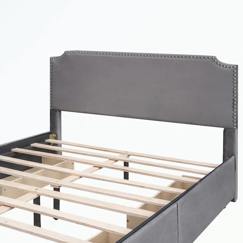 Upholstered Platform Bed with Stud Trim Headboard and Footboard
