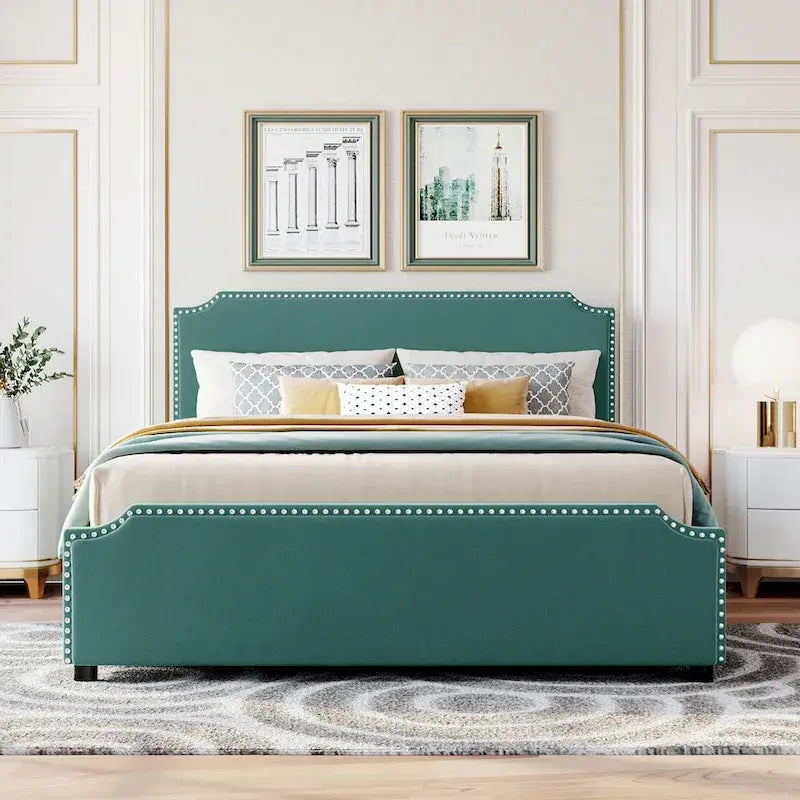 Upholstered Platform Bed with Stud Trim Headboard and Footboard