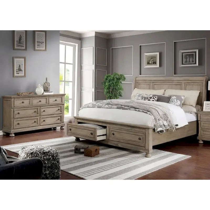 Transitional Grey Wood 2-Piece Storage Sleigh Bed and Dresser Set by