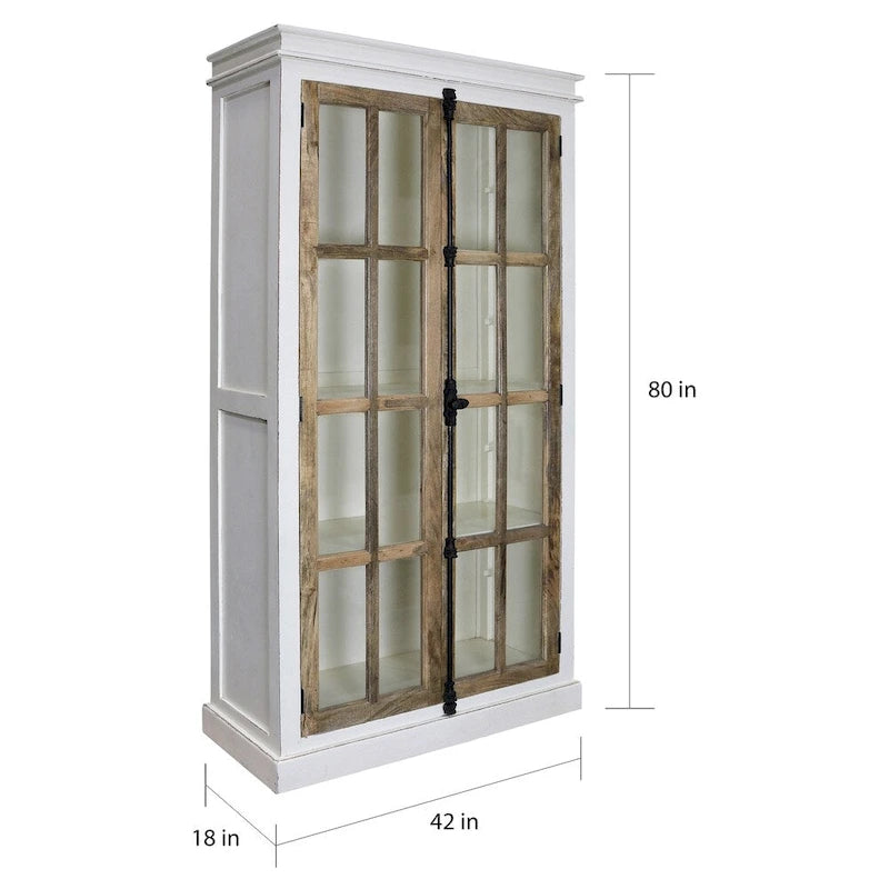 Solid Mango Wood Clear Tempered Glass Window Pane Curio Cabinet