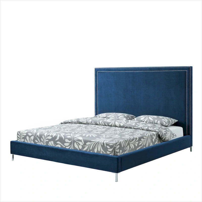 Navy Blue Solid Wood King Upholstered Velvet Bed with Nailhead Trim