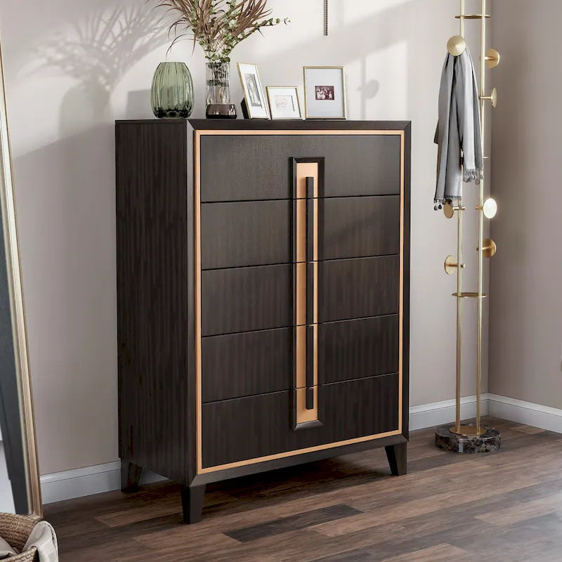 Modern 5-Drawer Espresso Solid Wood Chest
