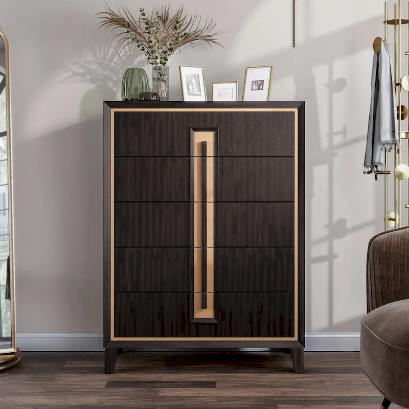 Modern 5-Drawer Espresso Solid Wood Chest